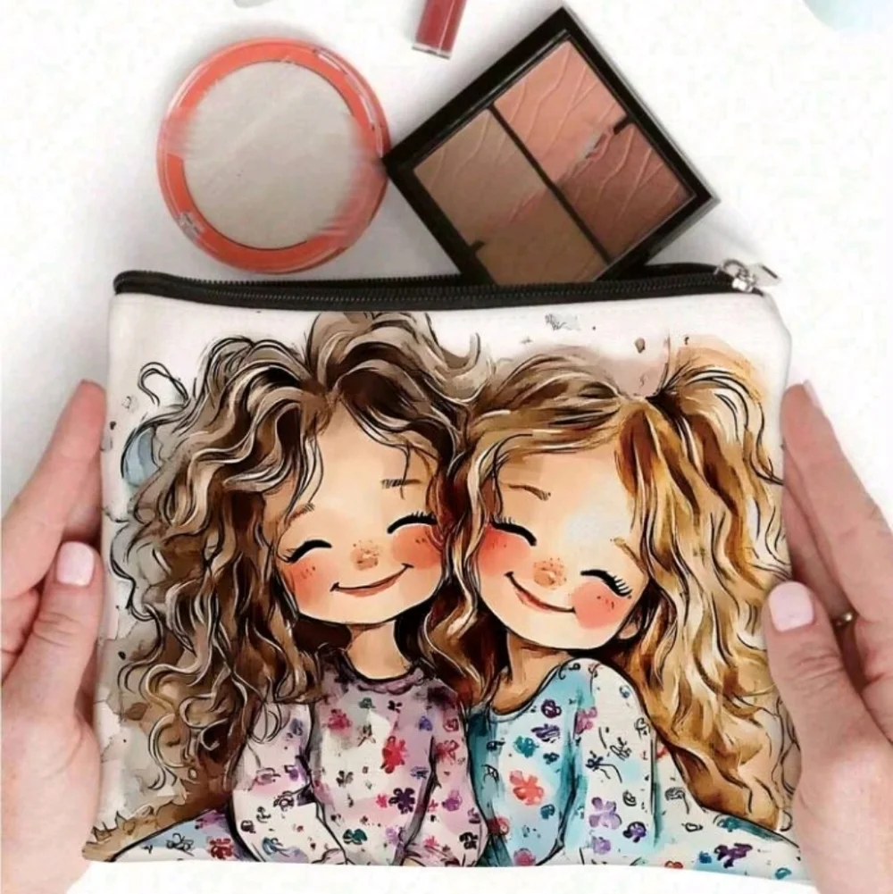 Kawaii Twin Girls Print White Zipper Purse Pouch